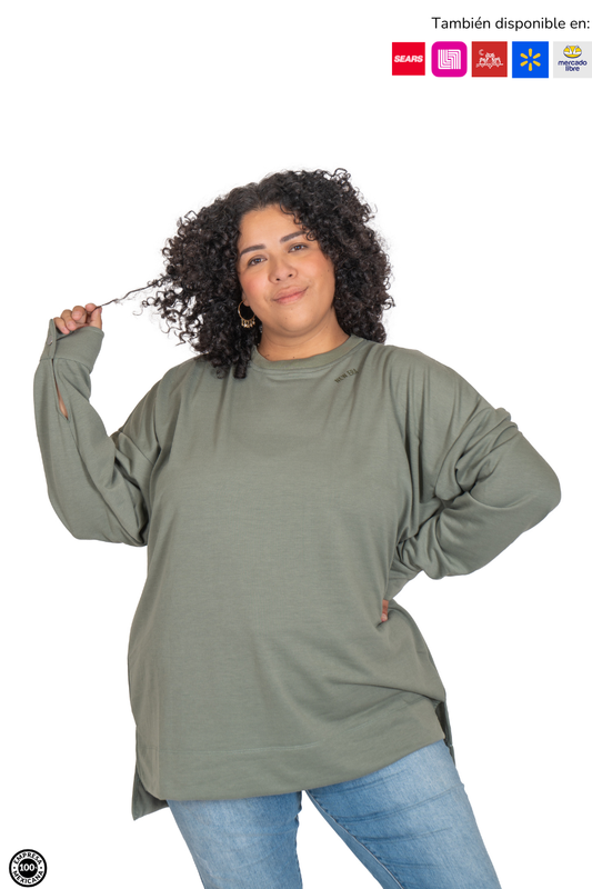 Playera Larga con Puños Abotonados- Mujer Plus Size